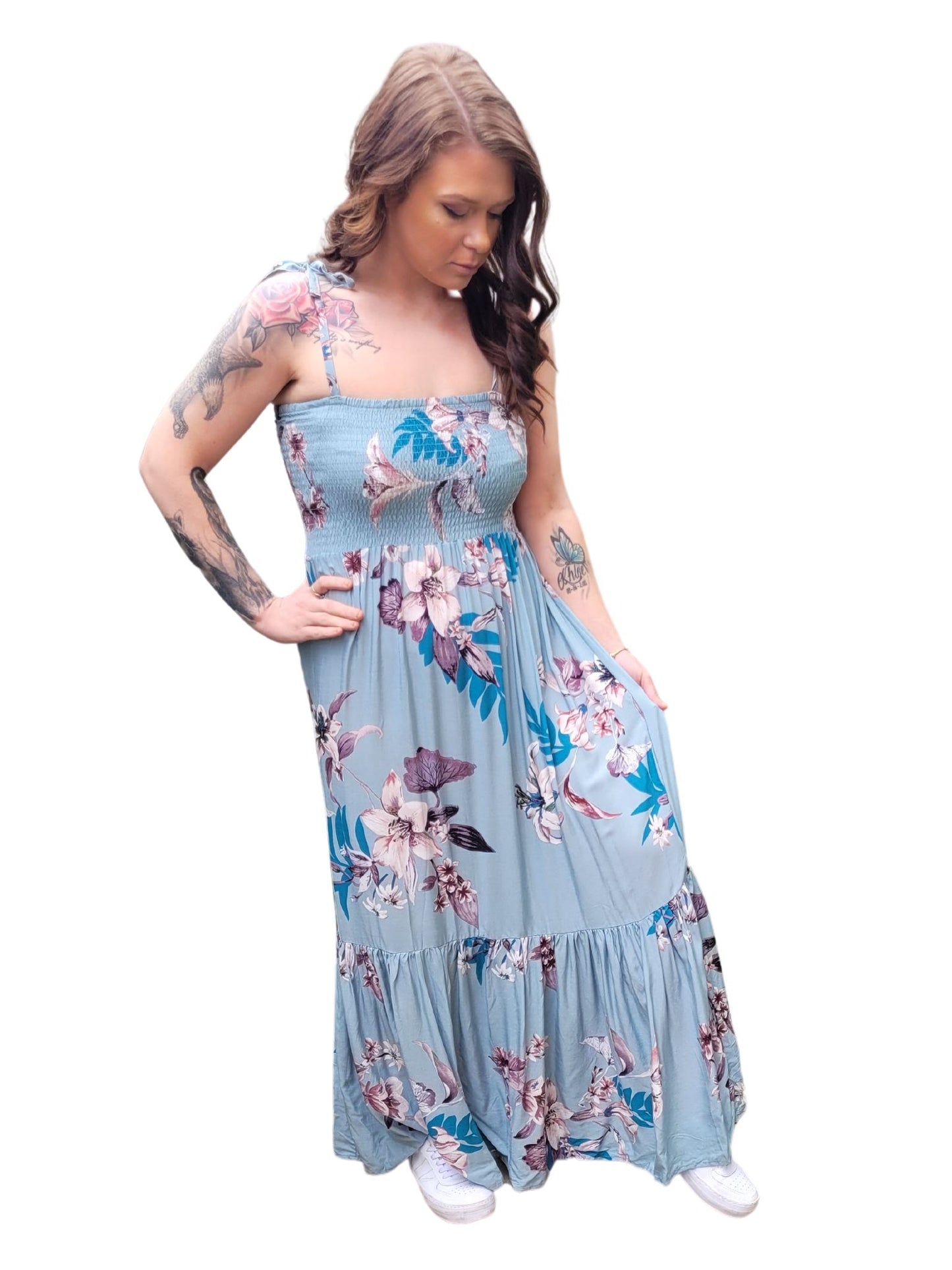 SAYLOR floral Tye Up Maxi tiered Dress 3 colours- Dusty Blue, Dusty pink & Navy Blue Dresses Aambers Goodies xx 6-10 au (XS-M) DUSTY BLUE 