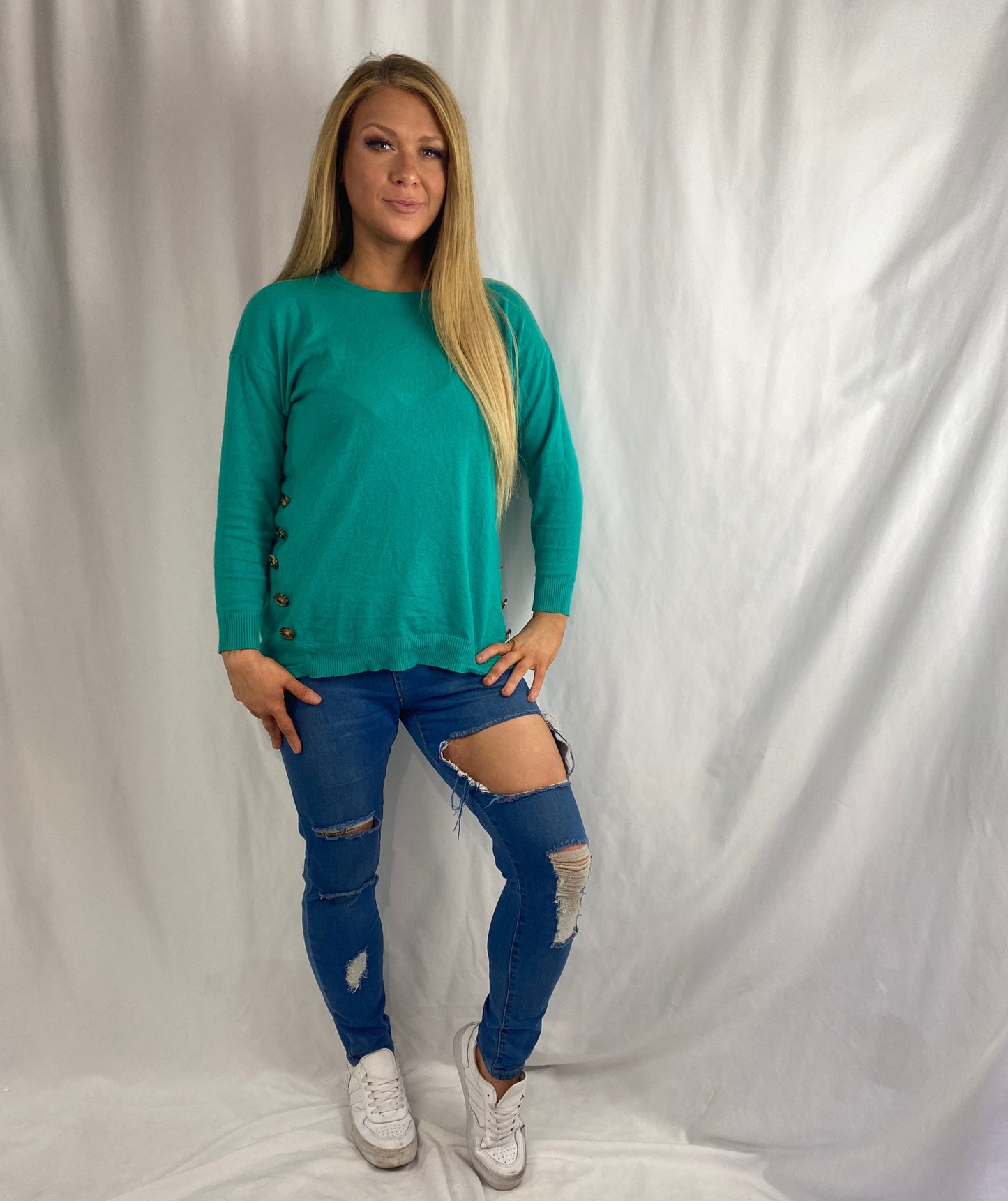 TRINITY Teal turquoise Long Sleeve Sweater Buttons Top Dresses Aambers Goodies xx 
